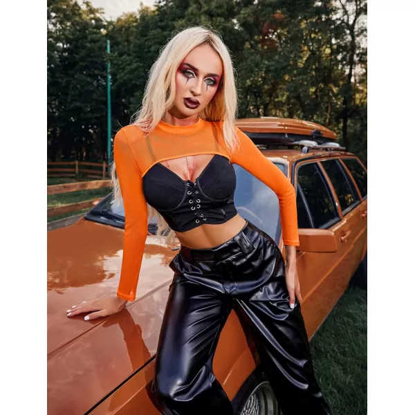 Avidlove Mesh Crop Tops for Women Mock Neck Long Sleeve Crop Top See Through Shirt Top Sexy ClubwearOrange