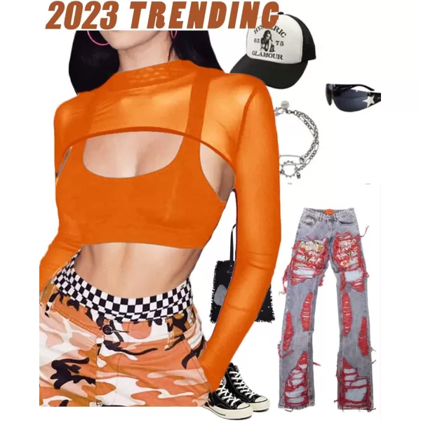 Avidlove Mesh Crop Tops for Women Mock Neck Long Sleeve Crop Top See Through Shirt Top Sexy ClubwearOrange