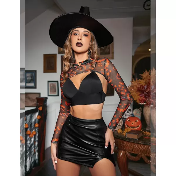 Avidlove Mesh Crop Tops for Women Mock Neck Long Sleeve Crop Top See Through Shirt Top Sexy ClubwearOrange Ghost Face