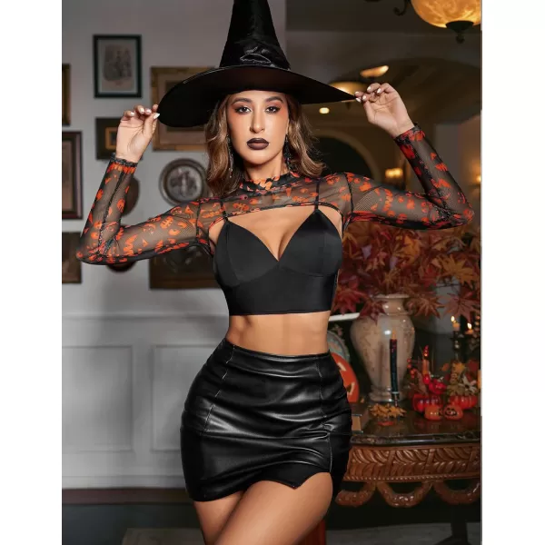 Avidlove Mesh Crop Tops for Women Mock Neck Long Sleeve Crop Top See Through Shirt Top Sexy ClubwearOrange Ghost Face