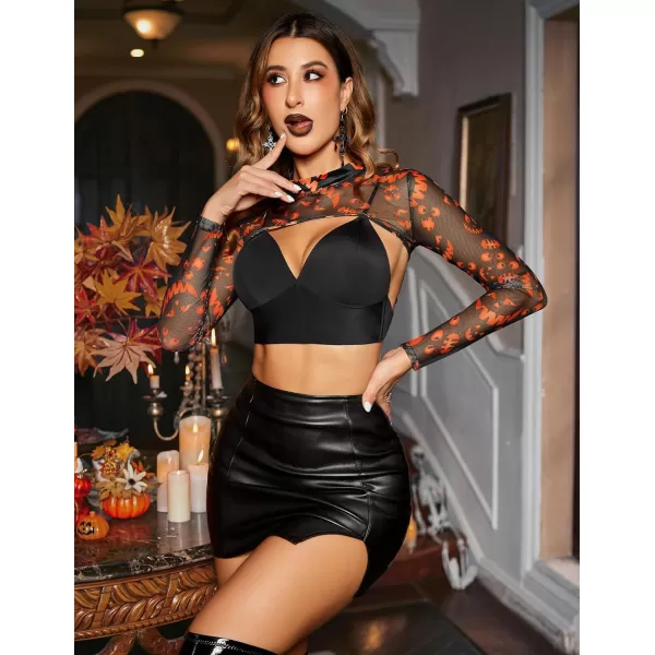 Avidlove Mesh Crop Tops for Women Mock Neck Long Sleeve Crop Top See Through Shirt Top Sexy ClubwearOrange Ghost Face