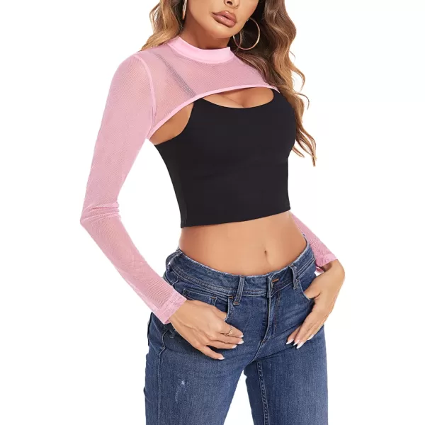 Avidlove Mesh Crop Tops for Women Mock Neck Long Sleeve Crop Top See Through Shirt Top Sexy ClubwearPink