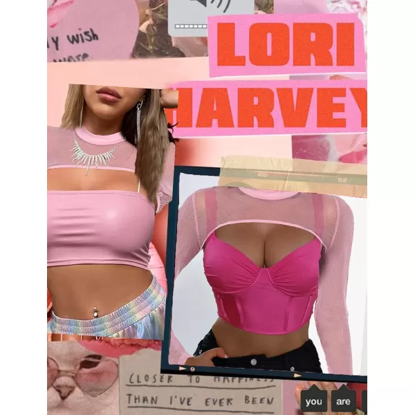 Avidlove Mesh Crop Tops for Women Mock Neck Long Sleeve Crop Top See Through Shirt Top Sexy ClubwearPink