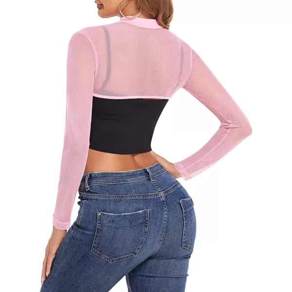 Avidlove Mesh Crop Tops for Women Mock Neck Long Sleeve Crop Top See Through Shirt Top Sexy ClubwearPink