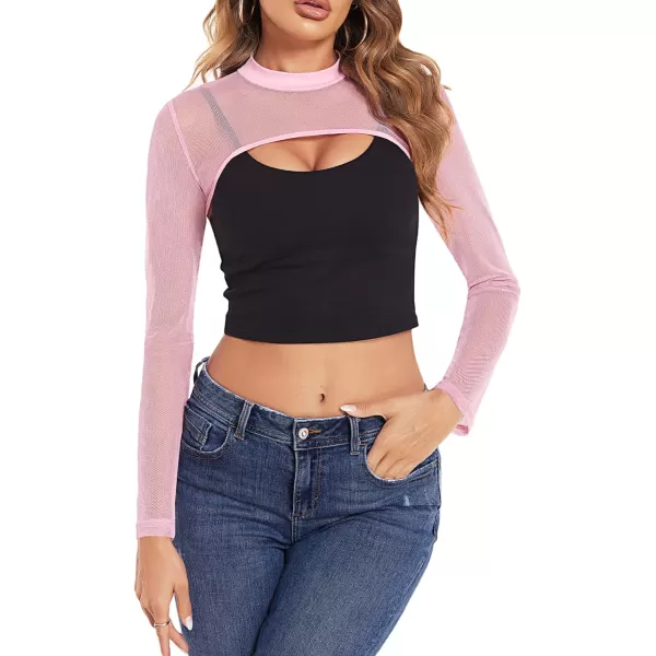 Avidlove Mesh Crop Tops for Women Mock Neck Long Sleeve Crop Top See Through Shirt Top Sexy ClubwearPink