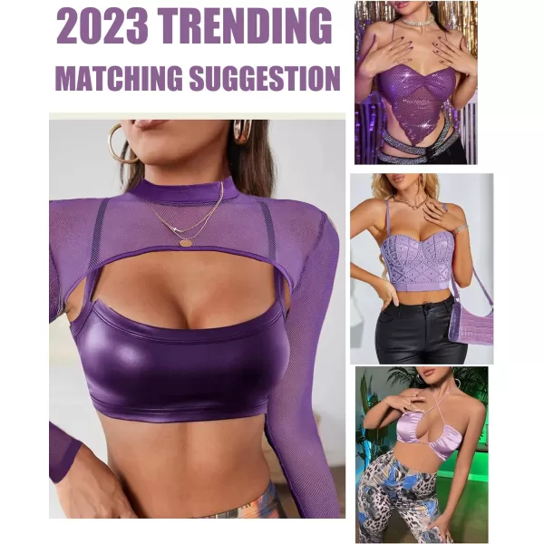 Avidlove Mesh Crop Tops for Women Mock Neck Long Sleeve Crop Top See Through Shirt Top Sexy ClubwearPurple