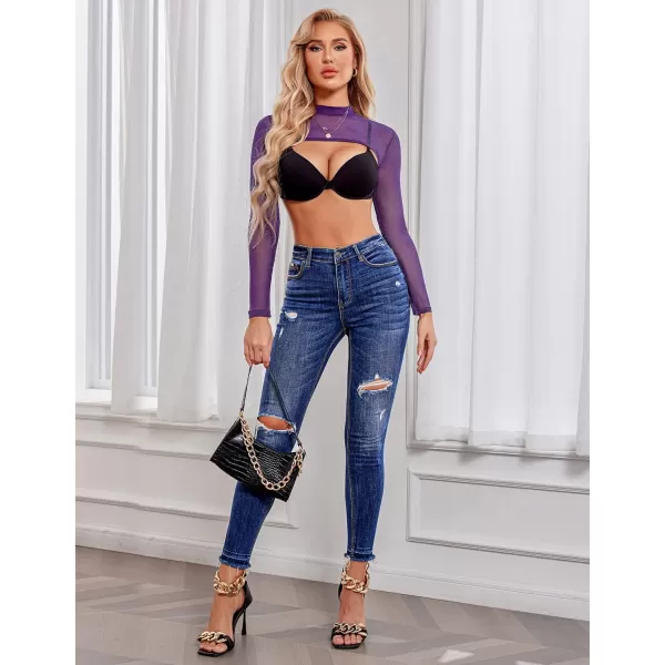 Avidlove Mesh Crop Tops for Women Mock Neck Long Sleeve Crop Top See Through Shirt Top Sexy ClubwearPurple