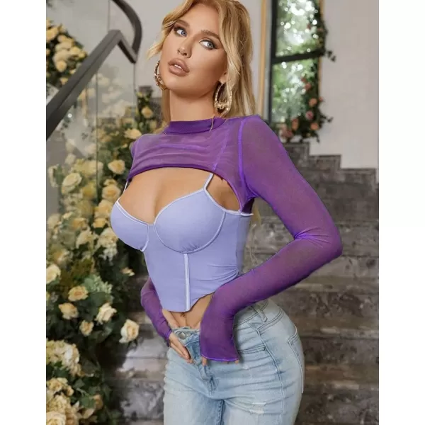 Avidlove Mesh Crop Tops for Women Mock Neck Long Sleeve Crop Top See Through Shirt Top Sexy ClubwearPurple