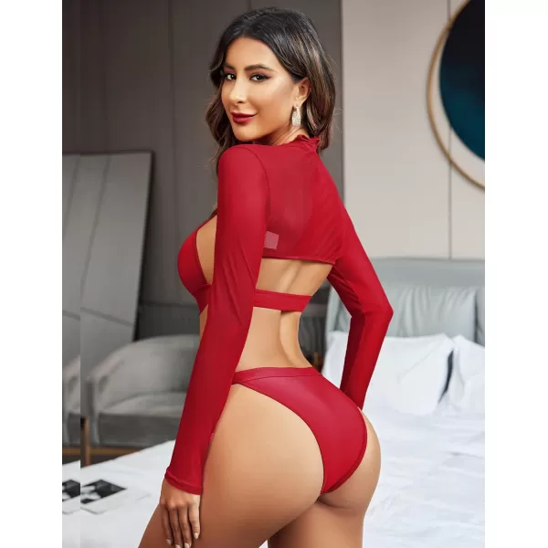 Avidlove Mesh Crop Tops for Women Mock Neck Long Sleeve Crop Top See Through Shirt Top Sexy ClubwearRed