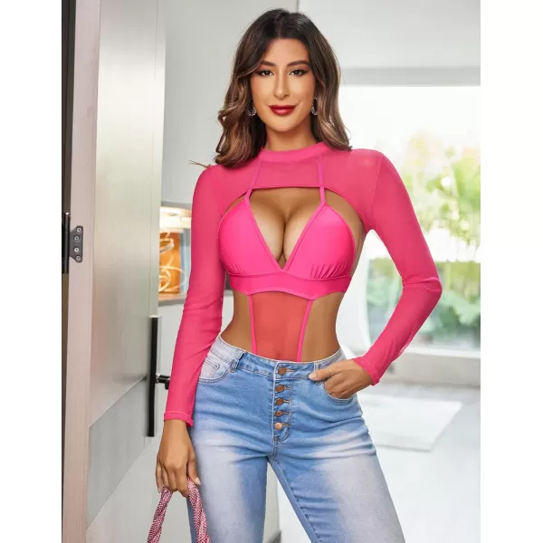 Avidlove Mesh Crop Tops for Women Mock Neck Long Sleeve Crop Top See Through Shirt Top Sexy ClubwearRose Red