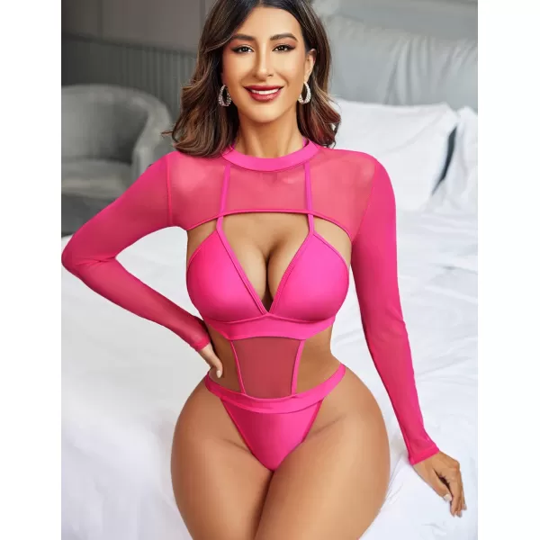 Avidlove Mesh Crop Tops for Women Mock Neck Long Sleeve Crop Top See Through Shirt Top Sexy ClubwearRose Red