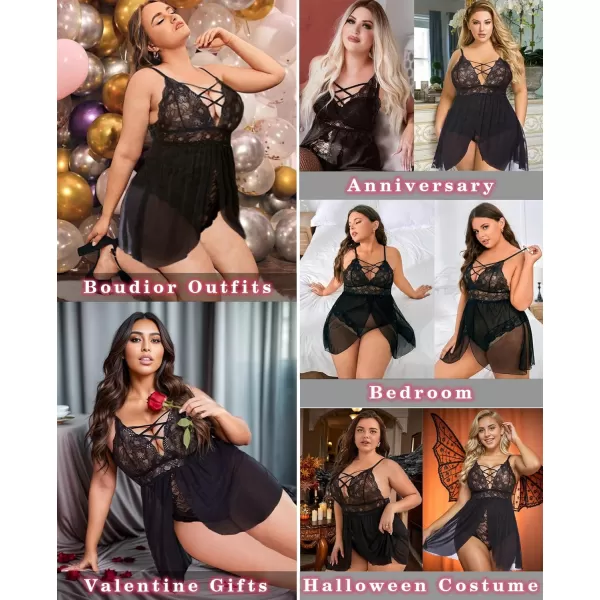 Avidlove Plus Size Babydoll Womens Snap Crotch Lingerie V Neck Lace Nighty Sleepwear L5XL1black