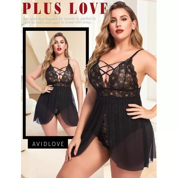 Avidlove Plus Size Babydoll Womens Snap Crotch Lingerie V Neck Lace Nighty Sleepwear L5XL1black