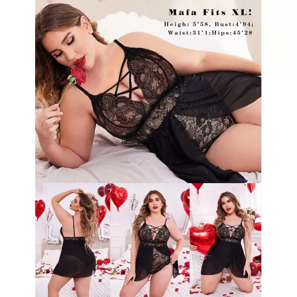 Avidlove Plus Size Babydoll Womens Snap Crotch Lingerie V Neck Lace Nighty Sleepwear L5XL1black