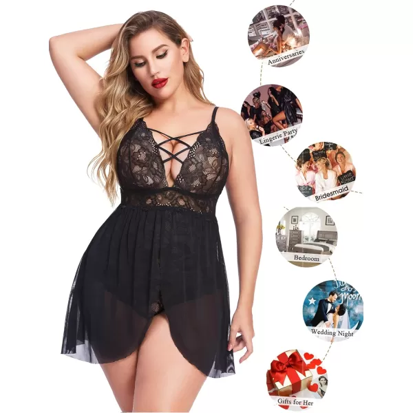 Avidlove Plus Size Babydoll Womens Snap Crotch Lingerie V Neck Lace Nighty Sleepwear L5XL1black