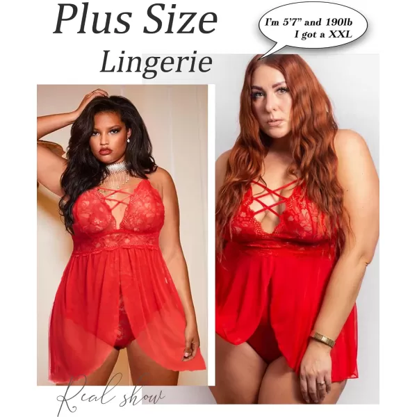 Avidlove Plus Size Babydoll Womens Snap Crotch Lingerie V Neck Lace Nighty Sleepwear L5XL1red