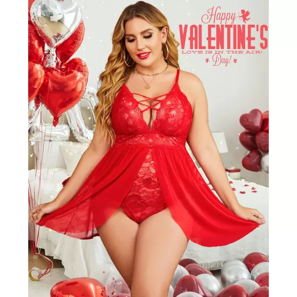 Avidlove Plus Size Babydoll Womens Snap Crotch Lingerie V Neck Lace Nighty Sleepwear L5XL1red