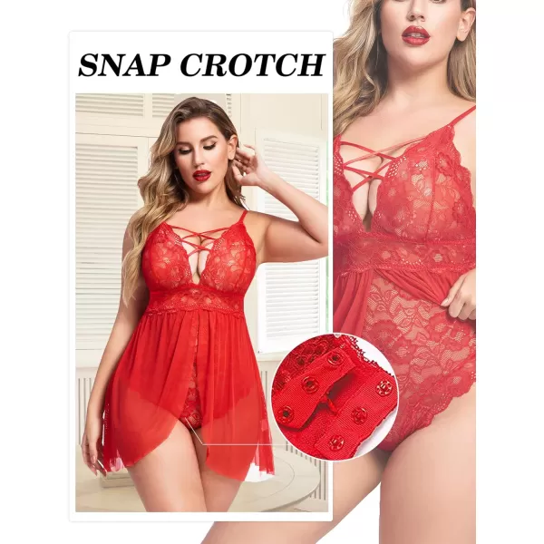 Avidlove Plus Size Babydoll Womens Snap Crotch Lingerie V Neck Lace Nighty Sleepwear L5XL1red