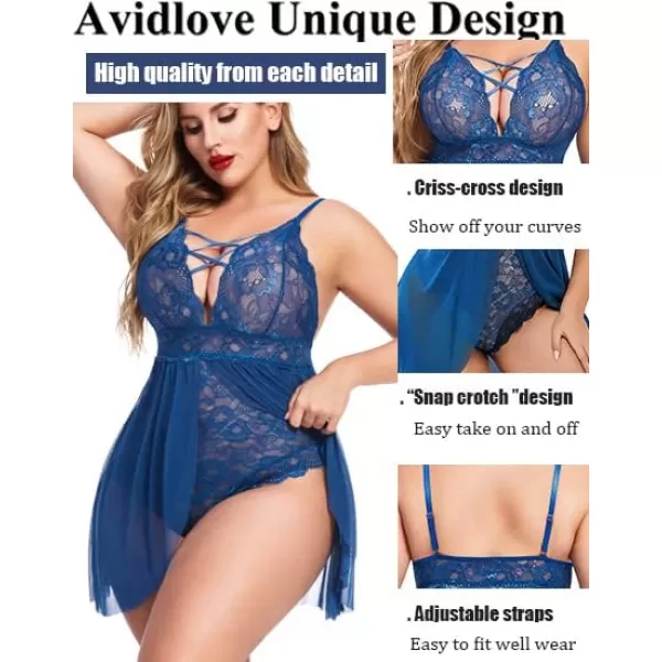 Avidlove Plus Size Babydoll Womens Snap Crotch Lingerie V Neck Lace Nighty Sleepwear L5XLBlue