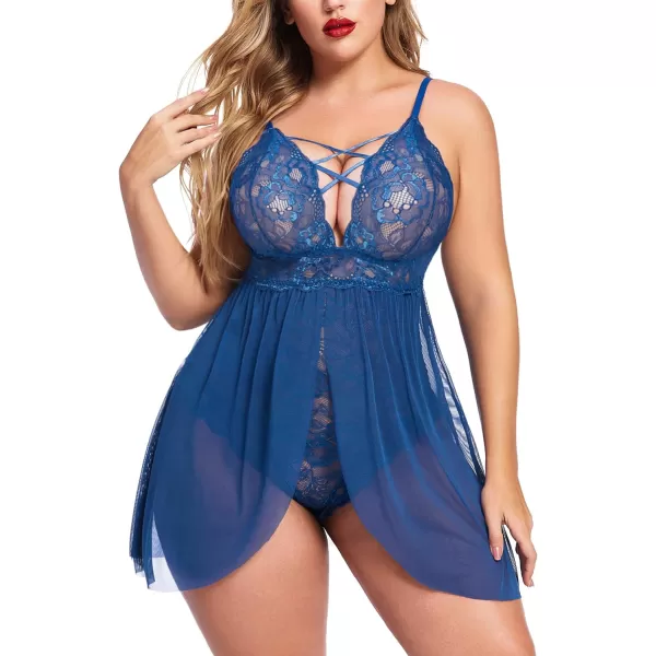 Avidlove Plus Size Babydoll Womens Snap Crotch Lingerie V Neck Lace Nighty Sleepwear L5XLBlue