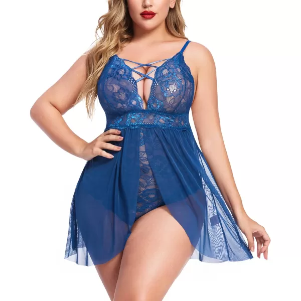 Avidlove Plus Size Babydoll Womens Snap Crotch Lingerie V Neck Lace Nighty Sleepwear L5XLBlue