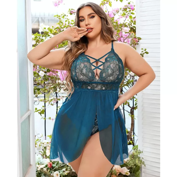 Avidlove Plus Size Babydoll Womens Snap Crotch Lingerie V Neck Lace Nighty Sleepwear L5XLBlue Green