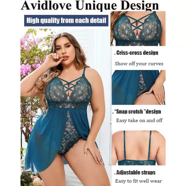 Avidlove Plus Size Babydoll Womens Snap Crotch Lingerie V Neck Lace Nighty Sleepwear L5XLBlue Green