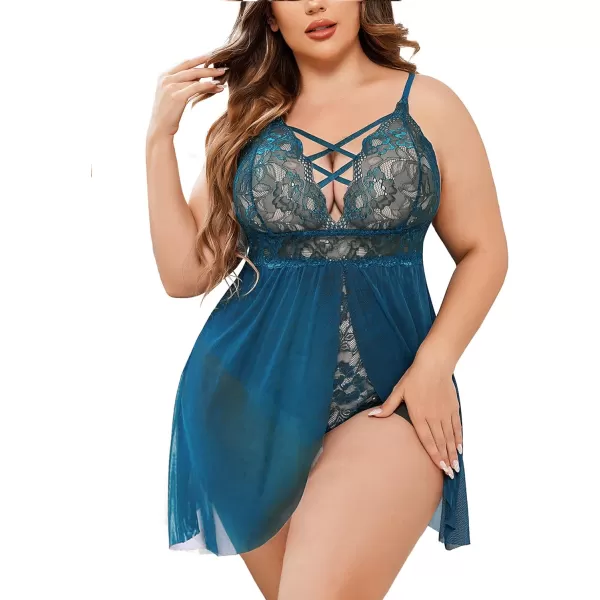 Avidlove Plus Size Babydoll Womens Snap Crotch Lingerie V Neck Lace Nighty Sleepwear L5XLBlue Green