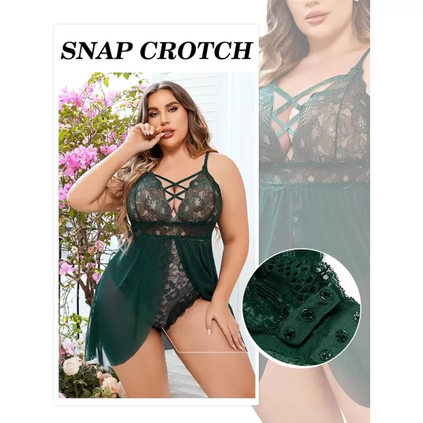 Avidlove Plus Size Babydoll Womens Snap Crotch Lingerie V Neck Lace Nighty Sleepwear L5XLDark Green