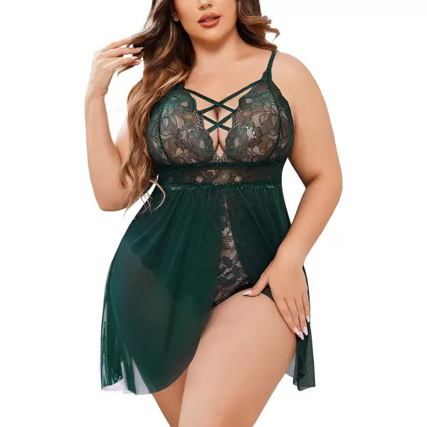 Avidlove Plus Size Babydoll Womens Snap Crotch Lingerie V Neck Lace Nighty Sleepwear L5XLDark Green