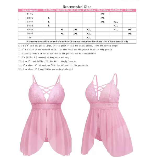 Avidlove Plus Size Babydoll Womens Snap Crotch Lingerie V Neck Lace Nighty Sleepwear L5XLPink