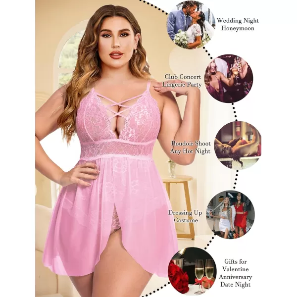 Avidlove Plus Size Babydoll Womens Snap Crotch Lingerie V Neck Lace Nighty Sleepwear L5XLPink