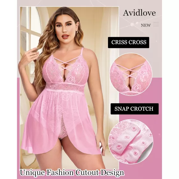 Avidlove Plus Size Babydoll Womens Snap Crotch Lingerie V Neck Lace Nighty Sleepwear L5XLPink