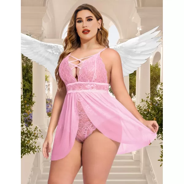 Avidlove Plus Size Babydoll Womens Snap Crotch Lingerie V Neck Lace Nighty Sleepwear L5XLPink