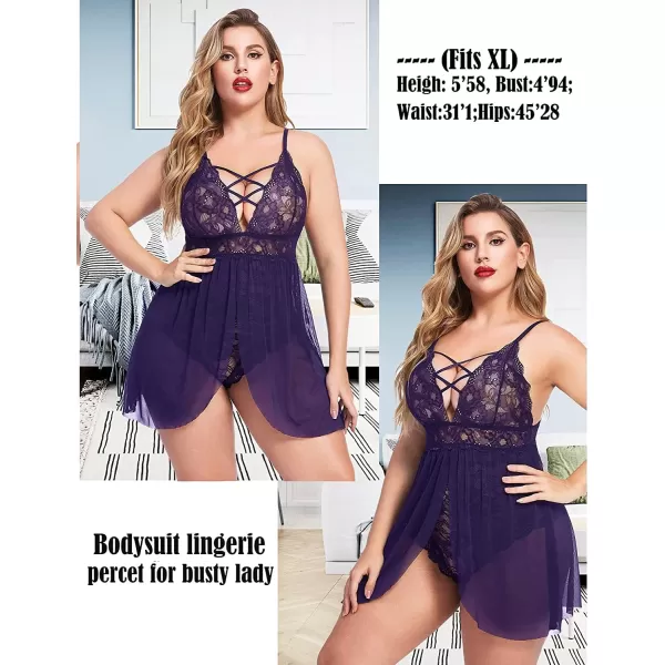 Avidlove Plus Size Babydoll Womens Snap Crotch Lingerie V Neck Lace Nighty Sleepwear L5XLPurple