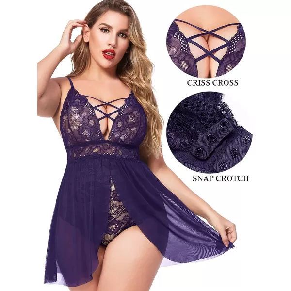 Avidlove Plus Size Babydoll Womens Snap Crotch Lingerie V Neck Lace Nighty Sleepwear L5XLPurple