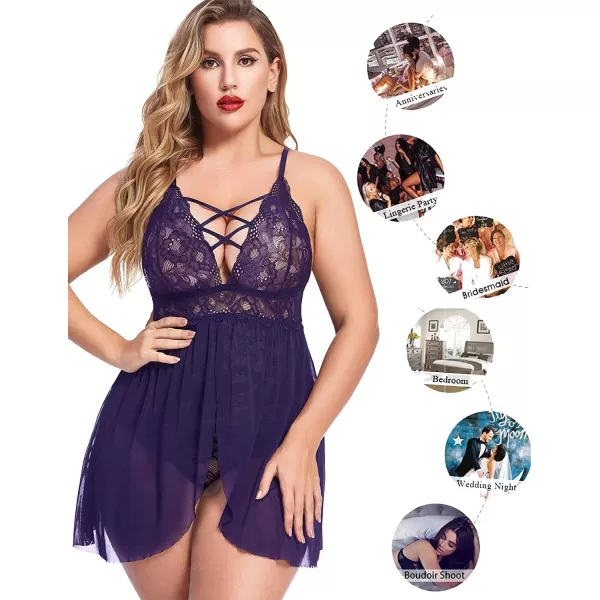 Avidlove Plus Size Babydoll Womens Snap Crotch Lingerie V Neck Lace Nighty Sleepwear L5XLPurple