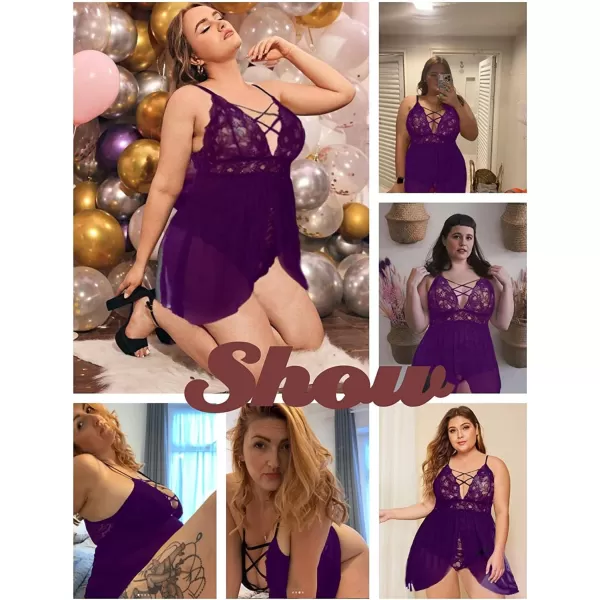 Avidlove Plus Size Babydoll Womens Snap Crotch Lingerie V Neck Lace Nighty Sleepwear L5XLPurple