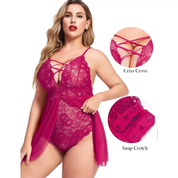 Avidlove Plus Size Babydoll Womens Snap Crotch Lingerie V Neck Lace Nighty Sleepwear L5XLRose Red