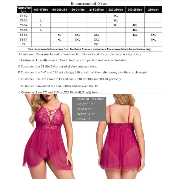 Avidlove Plus Size Babydoll Womens Snap Crotch Lingerie V Neck Lace Nighty Sleepwear L5XLRose Red