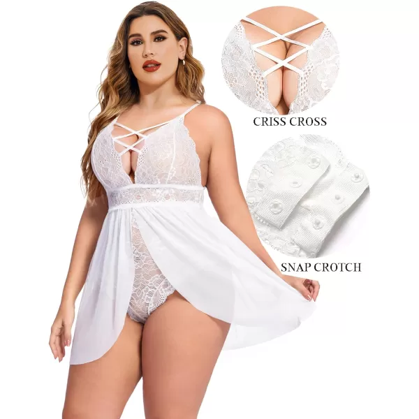 Avidlove Plus Size Babydoll Womens Snap Crotch Lingerie V Neck Lace Nighty Sleepwear L5XLWhite