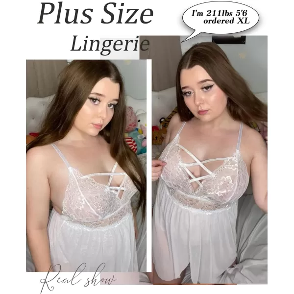 Avidlove Plus Size Babydoll Womens Snap Crotch Lingerie V Neck Lace Nighty Sleepwear L5XLWhite