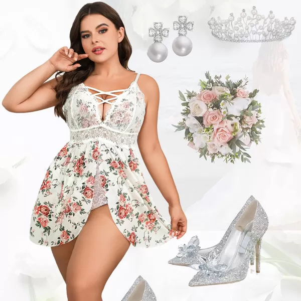 Avidlove Plus Size Babydoll Womens Snap Crotch Lingerie V Neck Lace Nighty Sleepwear L5XLWhite Floral