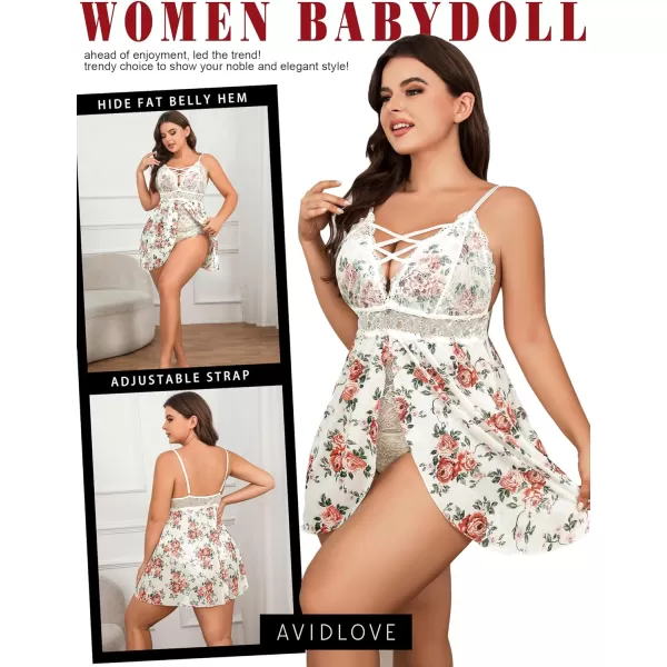 Avidlove Plus Size Babydoll Womens Snap Crotch Lingerie V Neck Lace Nighty Sleepwear L5XLWhite Floral