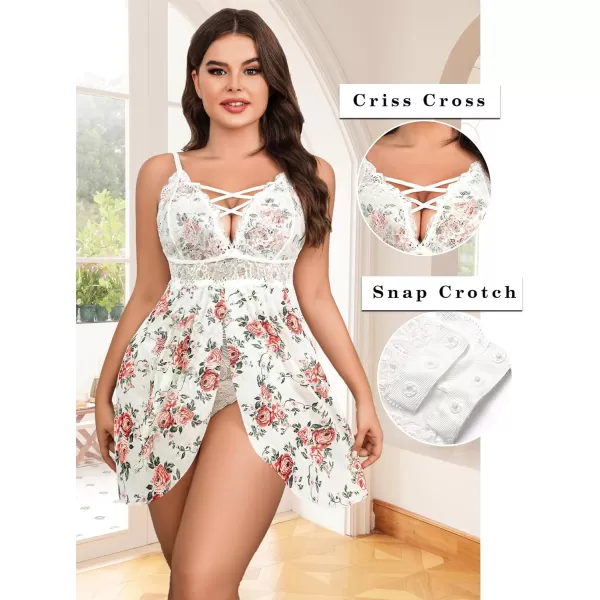 Avidlove Plus Size Babydoll Womens Snap Crotch Lingerie V Neck Lace Nighty Sleepwear L5XLWhite Floral