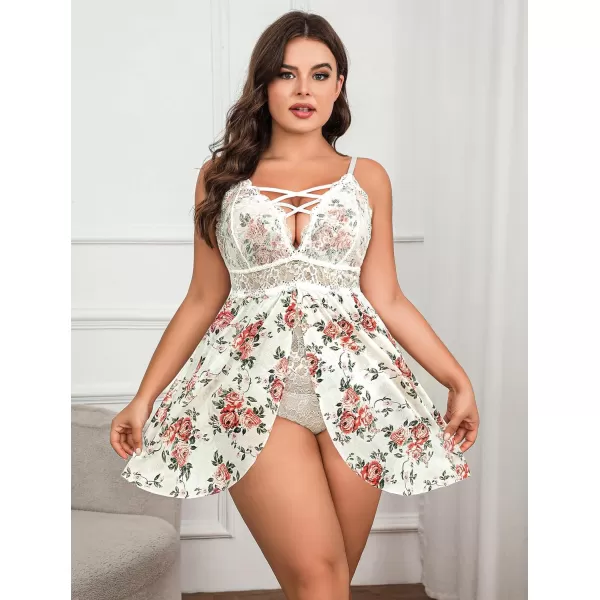 Avidlove Plus Size Babydoll Womens Snap Crotch Lingerie V Neck Lace Nighty Sleepwear L5XLWhite Floral