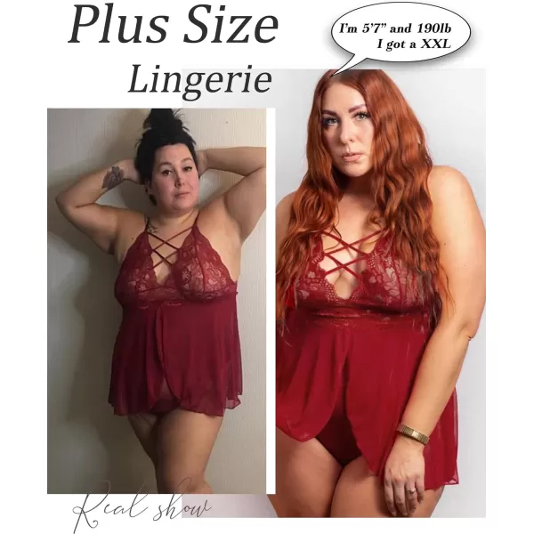 Avidlove Plus Size Babydoll Womens Snap Crotch Lingerie V Neck Lace Nighty Sleepwear L5XLWine Red