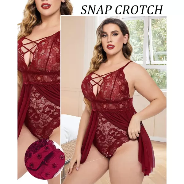 Avidlove Plus Size Babydoll Womens Snap Crotch Lingerie V Neck Lace Nighty Sleepwear L5XLWine Red