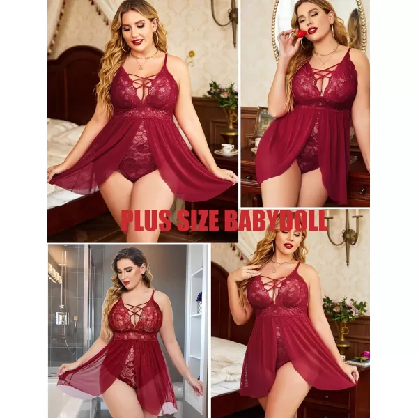 Avidlove Plus Size Babydoll Womens Snap Crotch Lingerie V Neck Lace Nighty Sleepwear L5XLWine Red