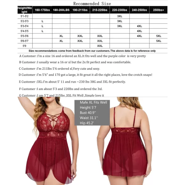 Avidlove Plus Size Babydoll Womens Snap Crotch Lingerie V Neck Lace Nighty Sleepwear L5XLWine Red